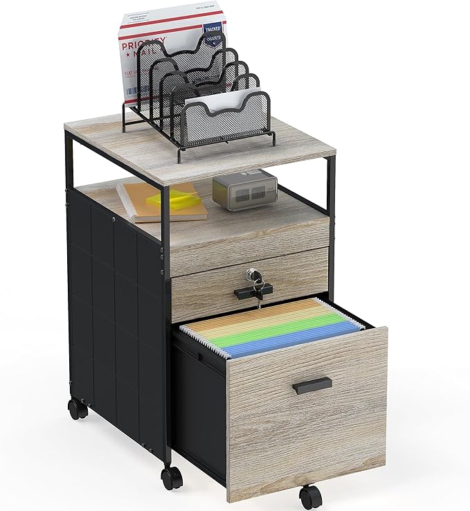 SHW Box File Rolling Mobile Cabinet with Open Shelf and Lockable Drawer, Maple