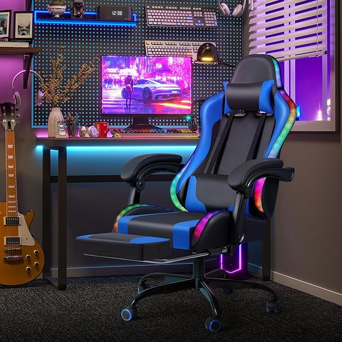 Homall Gaming Chair, Video Game Chair with Footrest and Massage Lumbar Support, Ergonomic Computer Chair Height Adjustable with Swivel Seat and Headrest (RGB Blue)