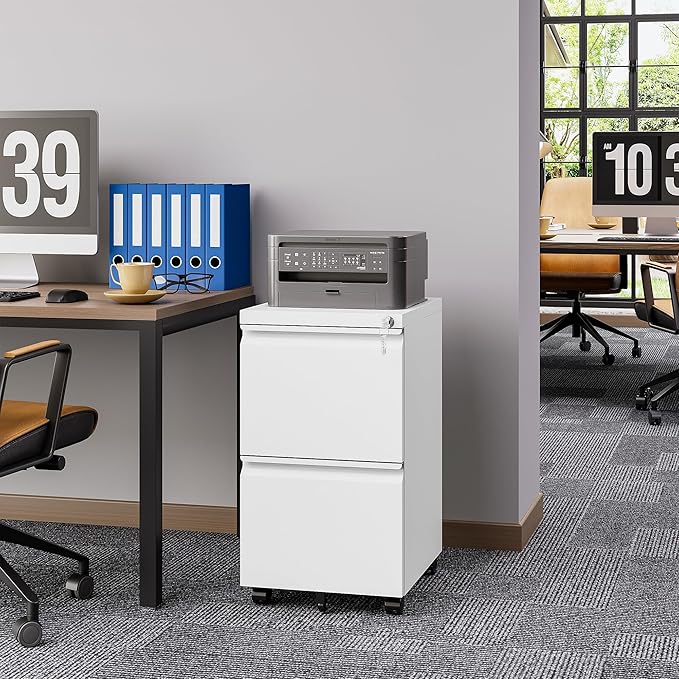 Rolling File Cabinet with Lock, 2 Drawer Metal Mobile Office Filing Cabinet Under Desk for Legal/Letter Size(Assembly Required)