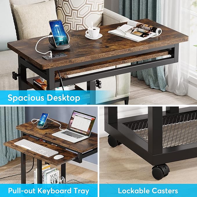 Tribesigns Small Portable Desk with Power Outlet, Height Adjustable Sofa Couch Bedside Laptop Table with Wheels, Mobile Standing Desk Rolling Computer Cart C Side Table with USB Ports
