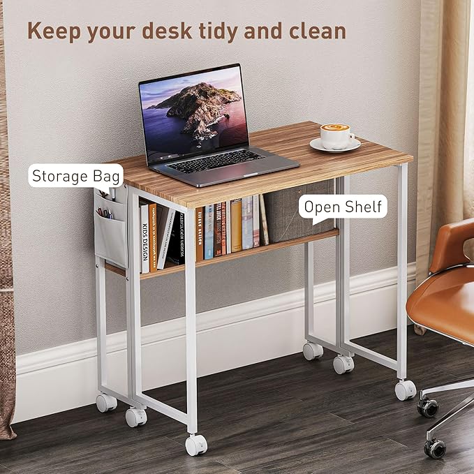 HOMCOM Small Folding Desk, Rolling Computer Desk Foldable with Storage Bag and Shelf, 31.5" Portable Writing Table on Wheels for Small Spaces, Home Office, Study, Easy Assembly, Natural Wood