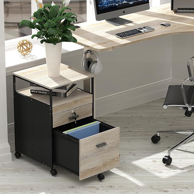 SHW Box File Rolling Mobile Cabinet with Open Shelf and Lockable Drawer, Maple