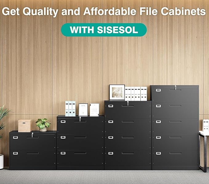SISESOL 3 Drawer Lateral File Cabinet with Lock,Black Lateral Filing Cabinet,Horizontal Metal Filing Cabinets,Locked Wide Three Drawer File Cabinets for Office Home,Fit A4/F4/Letter/Legal File