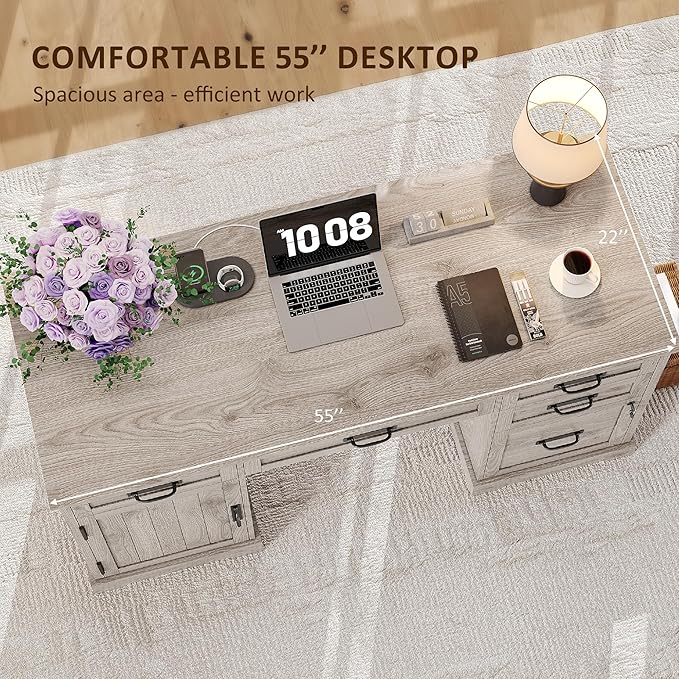 Whalefall 55'' Farmhouse Desk Home Office with Drawers, Executive Computer Desk Wooden with File Cabinet and Charging Station, White Wash Gray