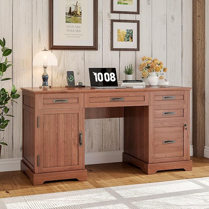 Whalefall 55'' Farmhouse Desk Home Office with Drawers, Executive Computer Desk Wooden with File Cabinet and Charging Station, Cherry Brown