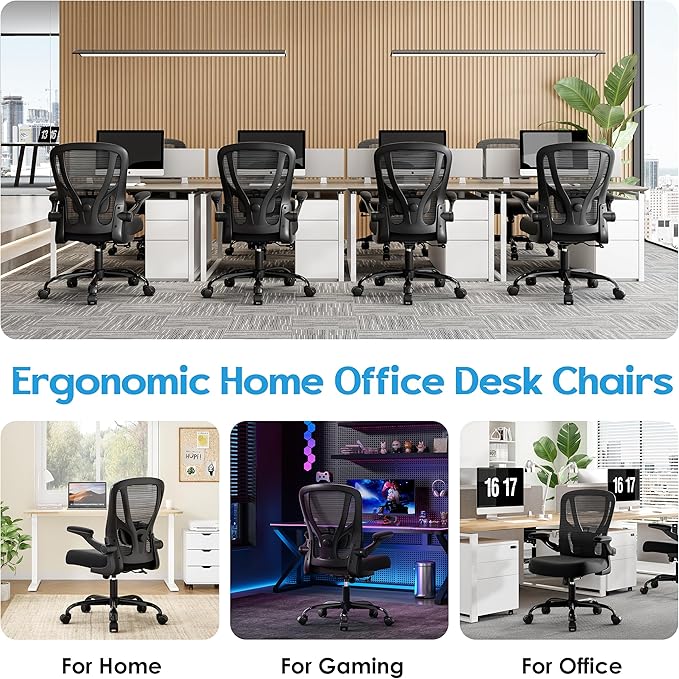 Office Chair Ergonomic Desk Chair - Mesh Computer Chair Breathable Task Chair with Wheels Adjustable Lumbar Support Home Desk Office Chairs with Flip up Armrest Executive Rolling Swivel Black
