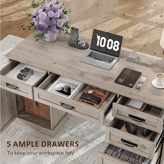 Whalefall 55'' Farmhouse Desk Home Office with Drawers, Executive Computer Desk Wooden with File Cabinet and Charging Station, White Wash Gray
