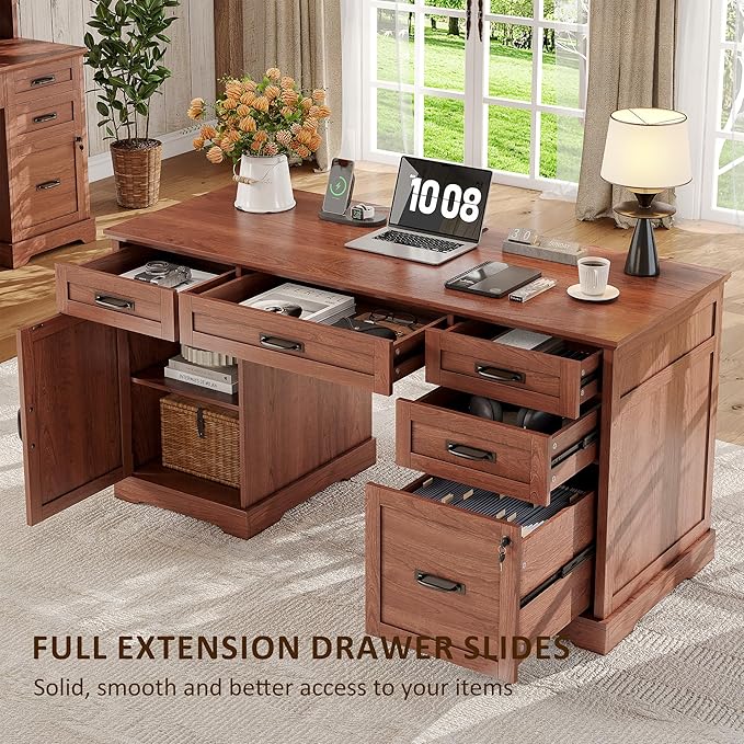 Whalefall 55'' Farmhouse Desk Home Office with Drawers, Executive Computer Desk Wooden with File Cabinet and Charging Station, Cherry Brown