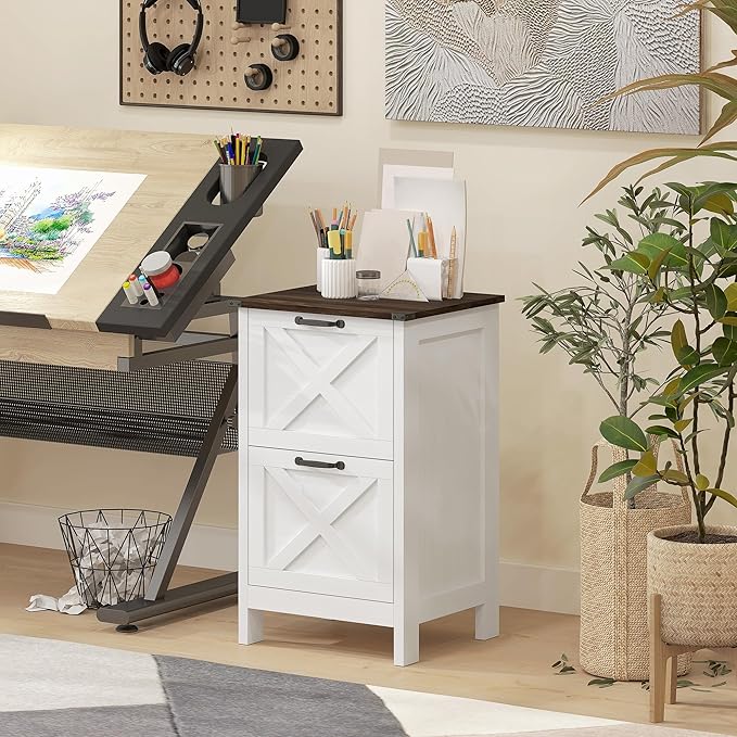 HOMCOM 2 Drawer Vertical File Cabinet with Silent Slides, Rustic Farmhouse Filing Cabinet with Barn Doors for A4/Letter Size, Printer Stand with Storage for Home Office, Distressed White