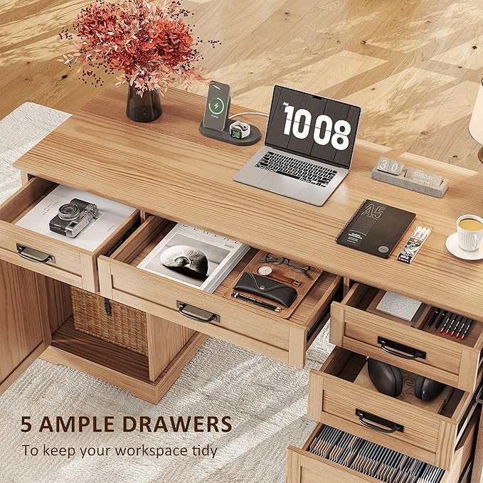 Whalefall 55'' Farmhouse Desk Home Office with Drawers, Executive Computer Desk Wooden with File Cabinet and Charging Station, Light Walnut