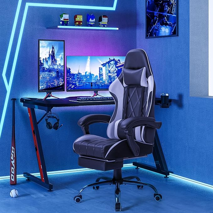 Homall Gaming Chair, Computer Chair with Footrest and Massage Lumbar Support, Ergonomic High Back Video Game Chair with Swivel Seat and Headrest (White)