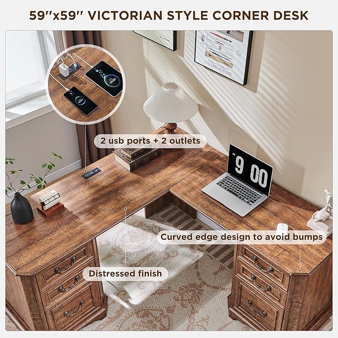 T4TREAM 59" Executive L Shaped Desk with Drawers,Farmhouse Wood Computer Coner Desk,Featuring Charging Station,File Drawer, Storage Cabinet,for Home Office Work and Study (Reclaimed Barnwood)