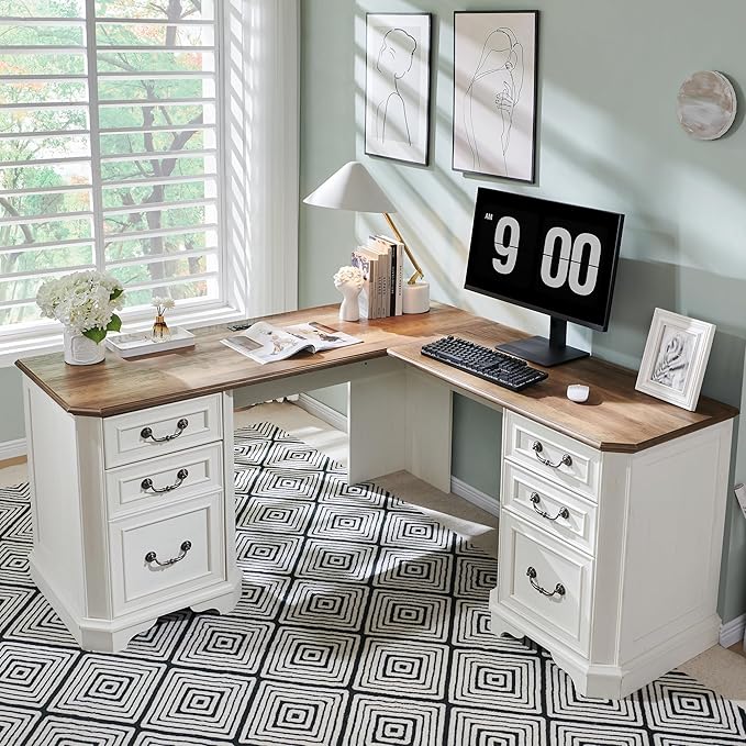 T4TREAM 59" Executive L Shaped Desk with Drawers,Farmhouse Wood Computer Coner Desk, Featuring Charging Station,File Drawer, Storage Cabinet,for Home Office Work and Study (Antique White)