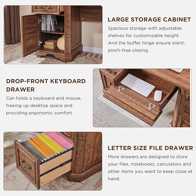 T4TREAM 59" Farmhouse Executive Desk with Hutch,Wood Home Office Computer Desk, Featuring Keyboard Tray,Charging Station,File Drawer, Storage Cabinet,for Work and Study (Reclaimed Barnwood)