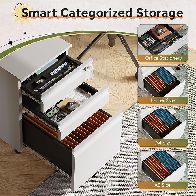 DEVAISE 3-Drawer File Cabinet with Lock & Wheels, White Metal Filing Cabinet for Home Office, Under Desk Storage, Mobile Vertical Organizer Fits Letter/A4 (17" D x15 W x24 H)