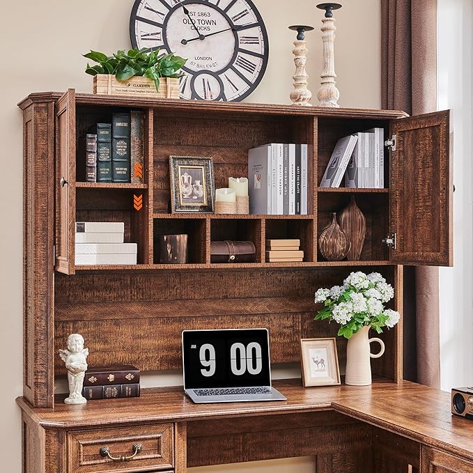 T4TREAM 59" Executive L Shaped Desk with Hutch,Victorian Wood Computer Desk, Featuring Charging Station,File Drawer, Storage Cabinet,for Home Office Work and Study (Reclaimed Barnwood)