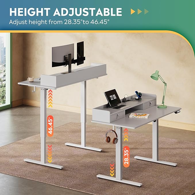 DEVAISE 48×24 Inch Electric Standing Desk with Drawers, Computer Desk with 3 Adjustable Height, Storage Shelf, Built-in AC & USB Outlets and Memory Preset, Sit to Stand Desk for Home Office, White