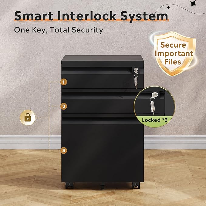 DEVAISE 3 Drawer File Cabinet with Lock, Black Metal Mobile Filing Cabinet Under Desk, Home Office Furniture fits A3/A4/Letter Size, 17" D x 15" W x 24" H