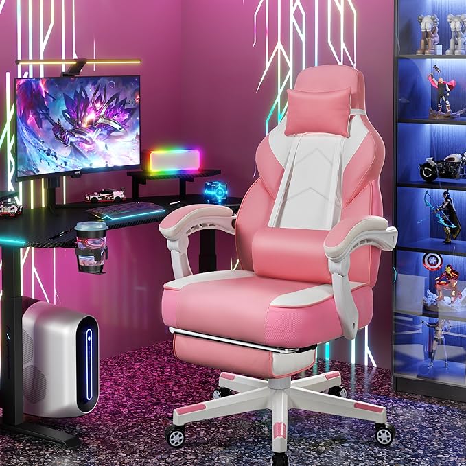 Meilocar Gaming Chair with Footrest, Video Game Chair for Adults Ergonomic Big and Tall Computer Chairs with Massage Lumbar Support 330lbs, 360° Swivel Seat (Pink)