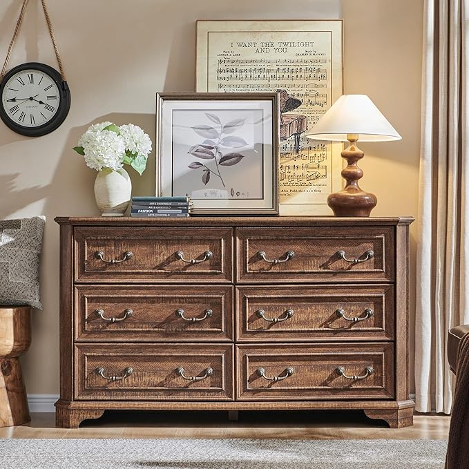 T4TREAM Farmhouse 6 Drawers Dresser for Bedroom, 54" Wide Wood Rustic Chest of Drawers with Natural Texture, Vintage Design, Storage Dressers Organizer for Bedroom, Living Room, Reclaimed Barnwood