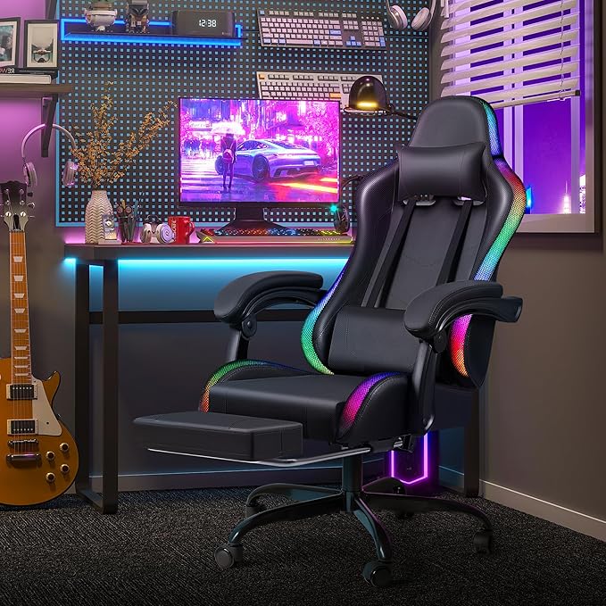 Homall Gaming Chair, Video Game Chair with Footrest and Massage Lumbar Support, Ergonomic Computer Chair Height Adjustable with Swivel Seat and Headrest (RGB Dark Black)