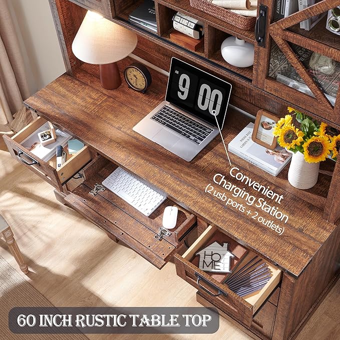 RedLemon 60" Farmhouse Desk with Hutch, Wood Home Office Executive Desk with Drawer, Charging Station, Keyboard Tray, File Drawer, Storage Cabinet, Rustic Writing Computer Desk (Reclaimed Barnwood)