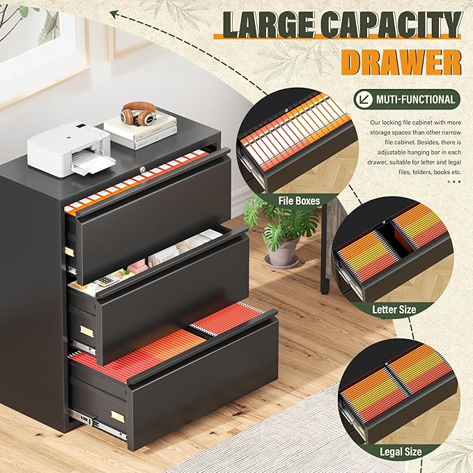 Greenvelly Lateral File Cabinet 3 Drawer, Lockable Metal Filing Cabinet for Home Office, Black Metal File Cabinet with Lock for Legal/Letter/A4/F4 Size with Hanging Bars&Key