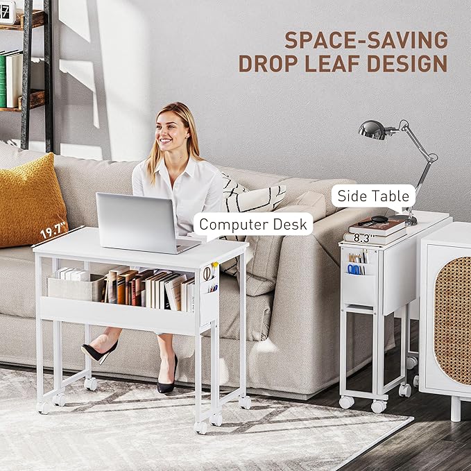 HOMCOM Small Folding Desk, Rolling Computer Desk Foldable with Storage Bag and Shelf, 31.5" Portable Writing Table on Wheels for Small Spaces, Home Office, Study, Easy Assembly, White