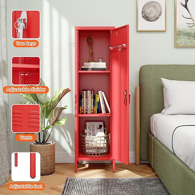 Metal Storage Locker with Pegboard and Hooks,Metal Locker for Employees with Handle and Hanging Rod for Gym, School, Office,Home,Garage,Assembly Required,Red
