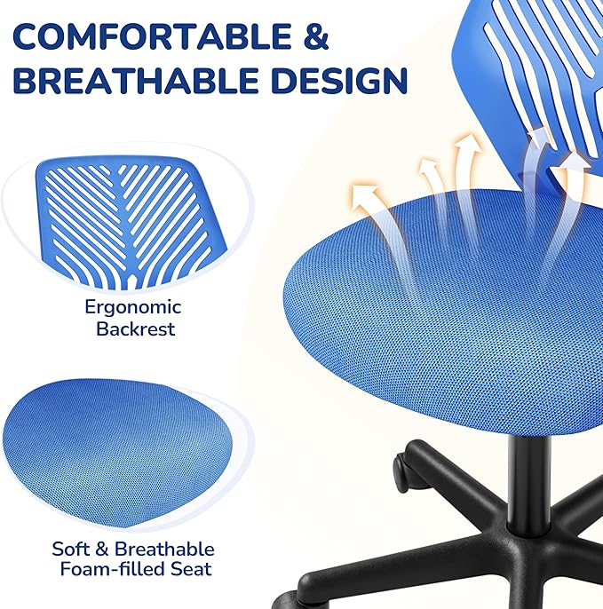 Yaheetech Students Desk Chair Low-Back Armless Study Chair Cute with Lumbar Support Adjustable Height for Youth, Blue