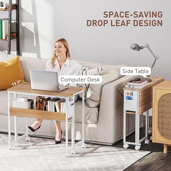 HOMCOM Small Folding Desk, Rolling Computer Desk Foldable with Storage Bag and Shelf, 31.5" Portable Writing Table on Wheels for Small Spaces, Home Office, Study, Easy Assembly, Natural Wood