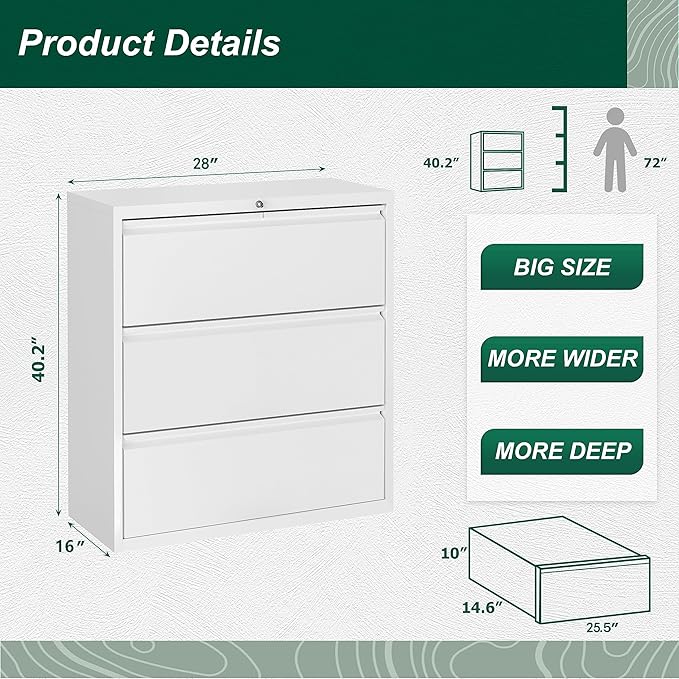 Superday Lateral File Cabinet 3 Drawer, White Filing Cabinets with Lock, Locking Metal File Cabinets Three Drawer Filing Cabinet for Home Office/Legal/Letter/A4/F4 Home Office