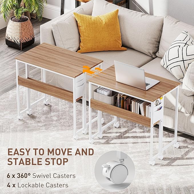 HOMCOM Small Folding Desk, Rolling Computer Desk Foldable with Storage Bag and Shelf, 31.5" Portable Writing Table on Wheels for Small Spaces, Home Office, Study, Easy Assembly, Natural Wood