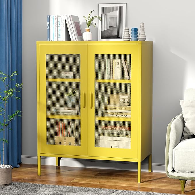 Yellow Metal Storage Cabinet with Mesh Doors, Office Metal Locker Cabinet, Metal Display Cabinet with 2 Adjustable Shelves for Home, Office, Kitchen