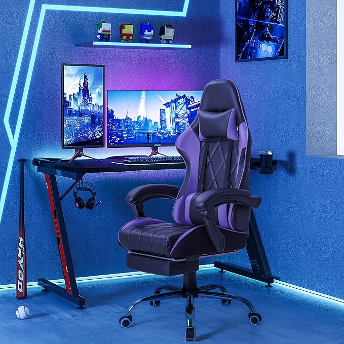 Homall Gaming Chair, Computer Chair with Footrest and Massage Lumbar Support, Ergonomic High Back Video Game Chair with Swivel Seat and Headrest (Purple)
