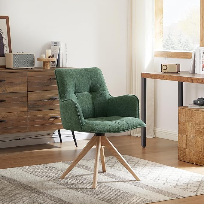 Art Leon Office Chair No Wheels - Mid Century Modern Swivel Desk Chair, Faux Leather Upholstered Accent Chair with Oak Wood Legs for Small Space Living Room Bedroom, Green