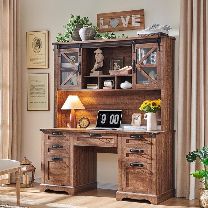 RedLemon 60" Farmhouse Desk with Hutch, Wood Home Office Executive Desk with Drawer, Charging Station, Keyboard Tray, File Drawer, Storage Cabinet, Rustic Writing Computer Desk (Reclaimed Barnwood)