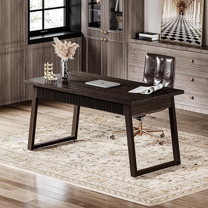 LITTLE TREE 55-Inch Home Office Desk with Drawer, Modern Minimalist Style Wooden Simple Study Writing Table, Mid-Century Log Executive Desk, Computer Desk, PC Laptop Desk Workstation, Dark Brown