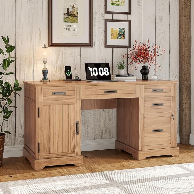 Whalefall 55'' Farmhouse Desk Home Office with Drawers, Executive Computer Desk Wooden with File Cabinet and Charging Station, Light Walnut