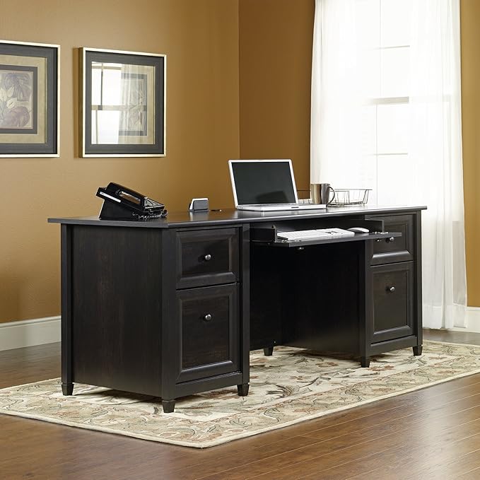 Sauder Edge Water Executive Desk, Double Ped Desks, Roomy Workspace - Estate Black Finish
