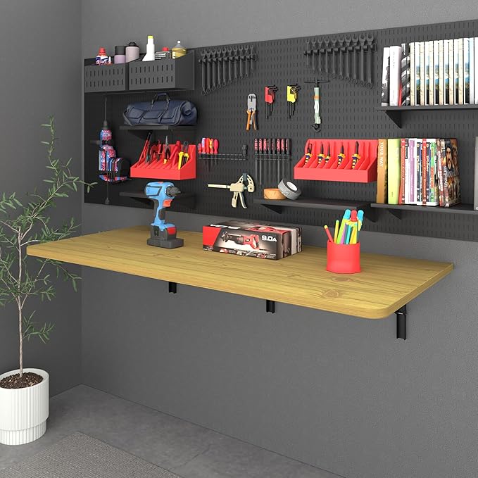 IAE 48" x 22" Floating Foldable Desk,Wall-Mounted Folding Computer Table with Engineered Wood,Study Table with Shelf Brackets,Fold Down Shelf,Fold Computer Desk for Small Spaces,Holds 500 lb,Natural