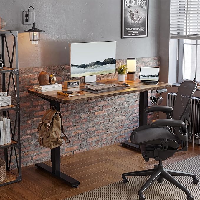 Standing Desk 47 x 24 inch, Electric Height Adjustable with Splice Board, Stand Up Desk, for Home Office, Black Frame/Rustic Brown Top
