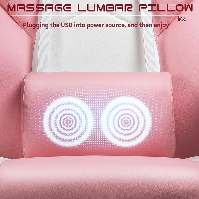 Meilocar Gaming Chair with Footrest, Video Game Chair for Adults Ergonomic Big and Tall Computer Chairs with Massage Lumbar Support 330lbs, 360° Swivel Seat (Pink)