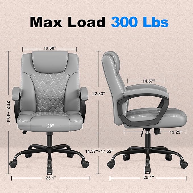Misolant Office Chair, Executive Desk Chair, PU Leather Comfortable Ergonomic Chairs with Fixed Armrest, Adjustable Height, Rocking Function, 360° Swivel Wheels, Gray