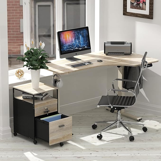 SHW Box File Rolling Mobile Cabinet with Open Shelf and Lockable Drawer, Maple