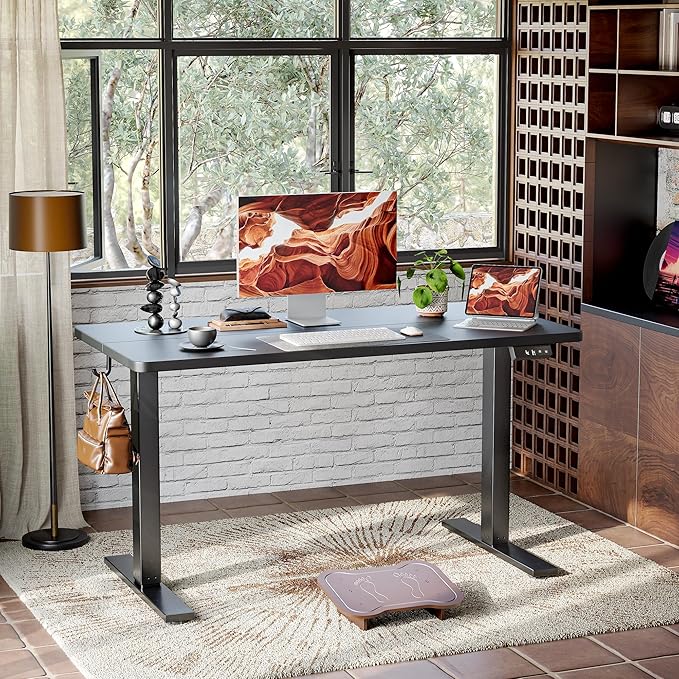 TIQLAB Standing Desk 47 x 24 inch, Electric Height Adjustable Desk with Splice Board, Stand Up Desk, Sit Stand Computer Desk for Home Office, Black Frame/Black Top