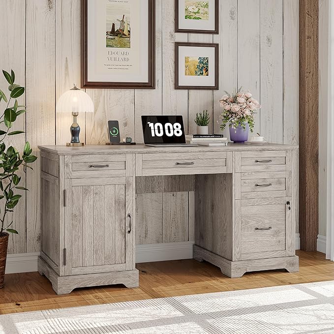 Whalefall 55'' Farmhouse Desk Home Office with Drawers, Executive Computer Desk Wooden with File Cabinet and Charging Station, White Wash Gray
