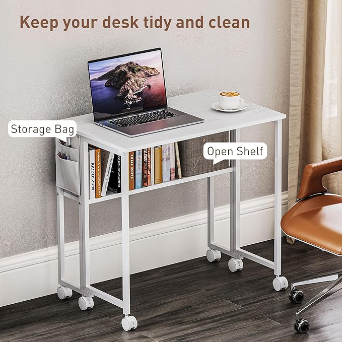 HOMCOM Small Folding Desk, Rolling Computer Desk Foldable with Storage Bag and Shelf, 31.5" Portable Writing Table on Wheels for Small Spaces, Home Office, Study, Easy Assembly, White