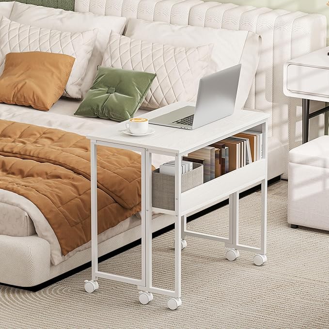 HOMCOM Small Folding Desk, Rolling Computer Desk Foldable with Storage Bag and Shelf, 31.5" Portable Writing Table on Wheels for Small Spaces, Home Office, Study, Easy Assembly, White