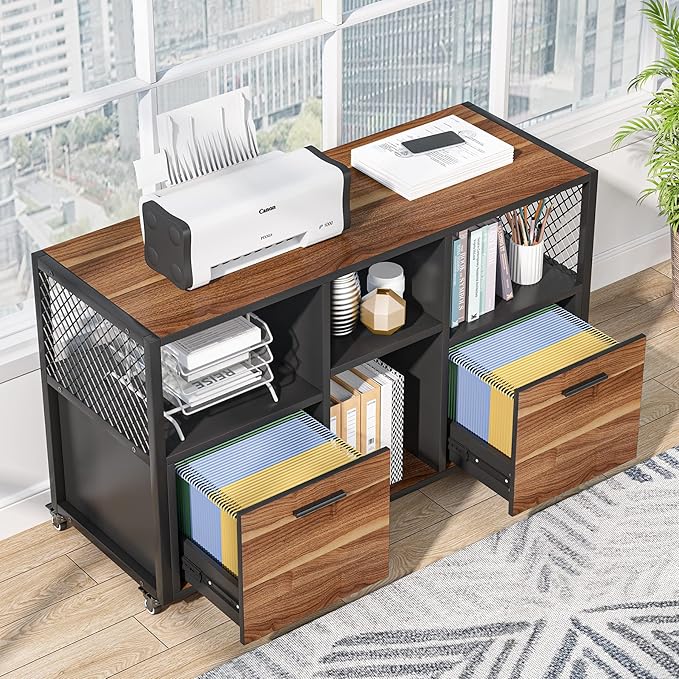 Tribesigns 2 Drawer Wood File Cabinets, Modern Mobile Lateral Filing Cabinet for Letter/ A4 Size, Printer Stand with Open Storage Shelves and Drawer for Home Office, Rustic Walnut